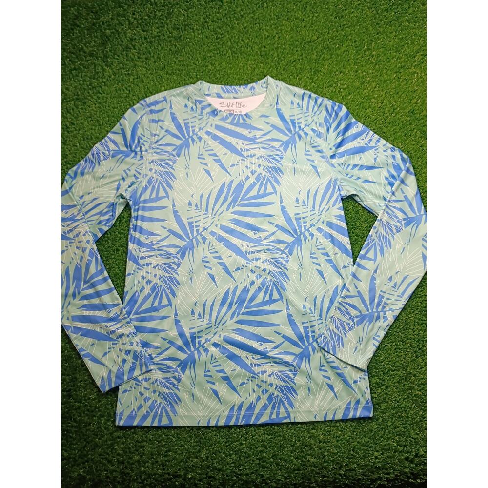 New Salt Life Men's Performance Long Sleeve Tee - Blue/White Palm Print - Size M